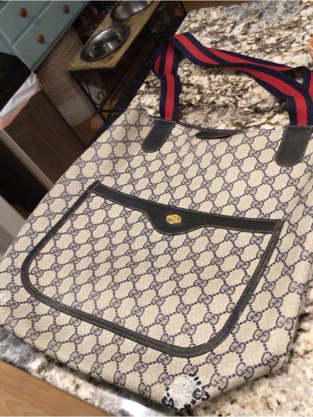 Gucci Beige GG Supreme Tote with Navy and Red Strap